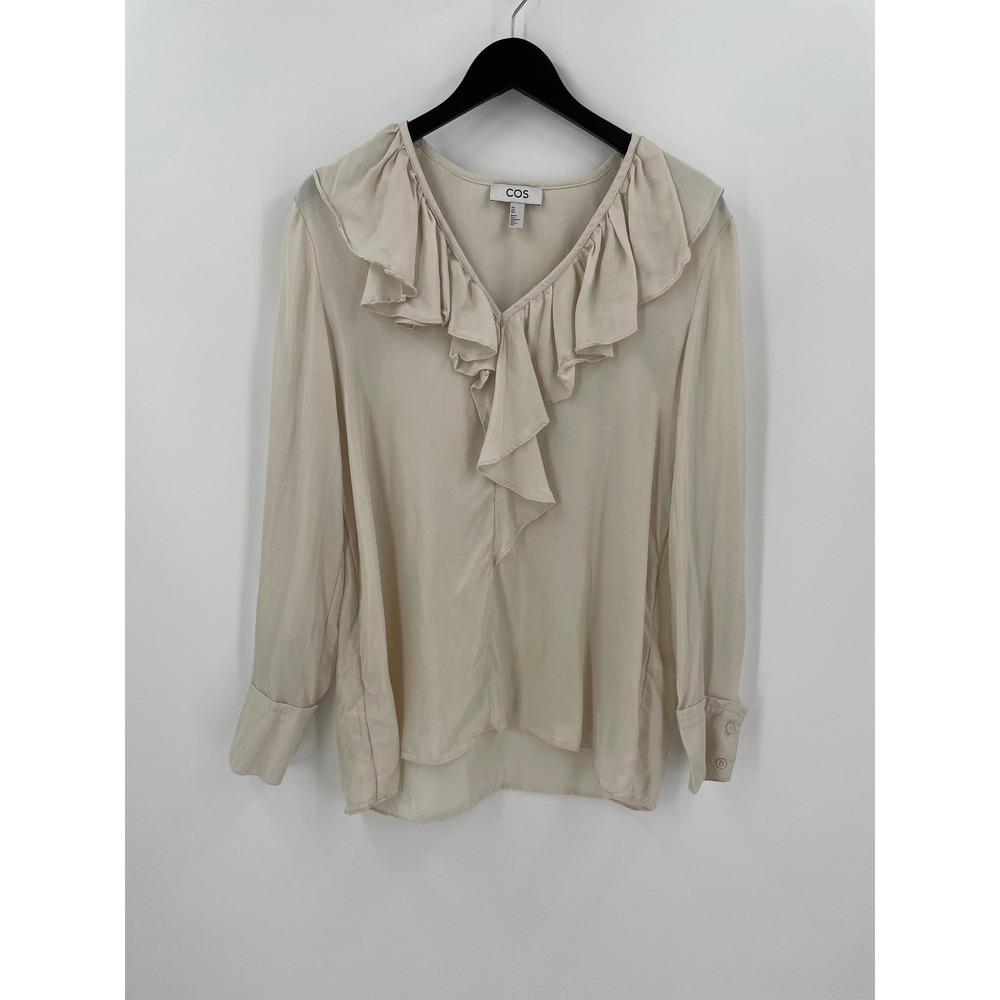COS Ivory Ruffle Neck Blouse Size 6 Cupro Lyocell Long Sleeve Top